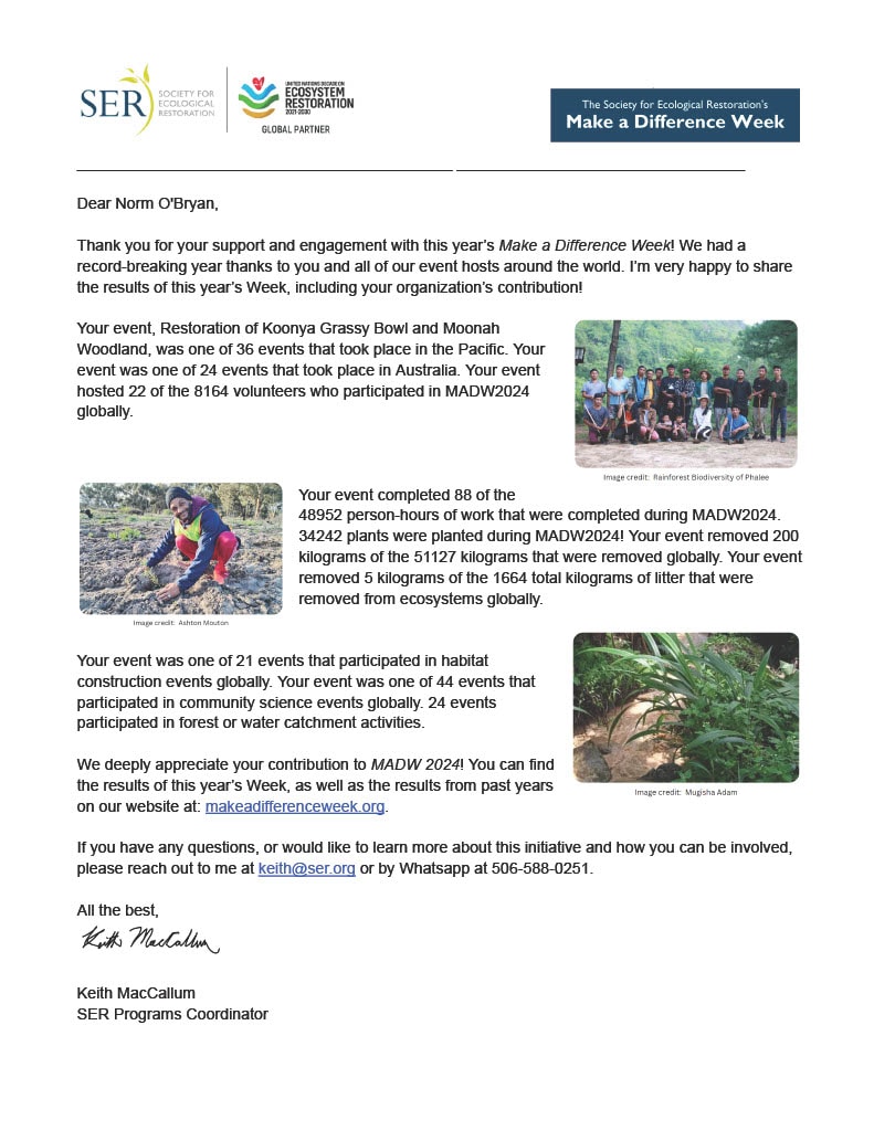 SER Koonya Bowl Appreciation Letter